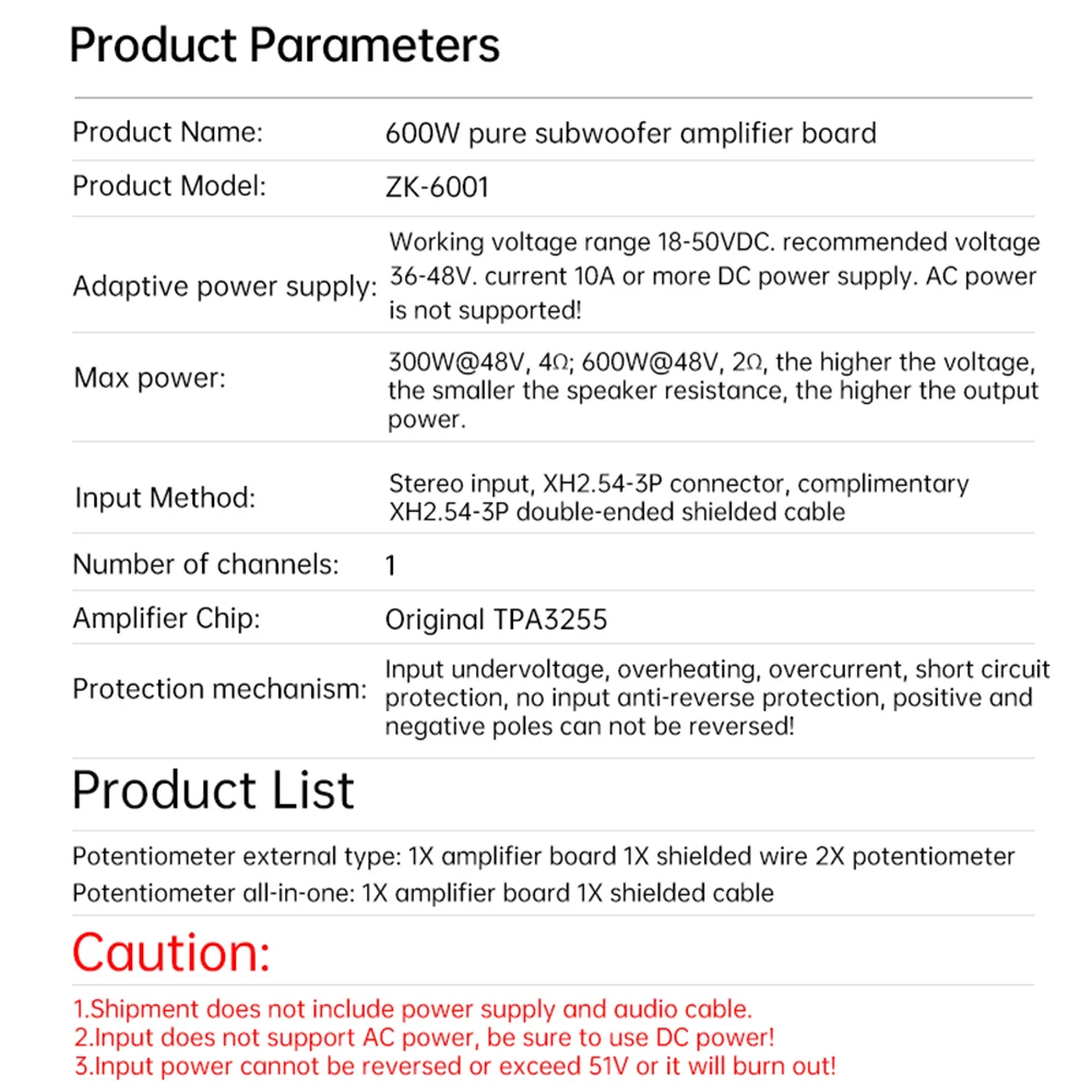 ZK-6001 DC18~50V Amplifier Board Mono 600W HiFi Sound TPA3255 Audio Amplifier Module Frequency Volume Adjustable