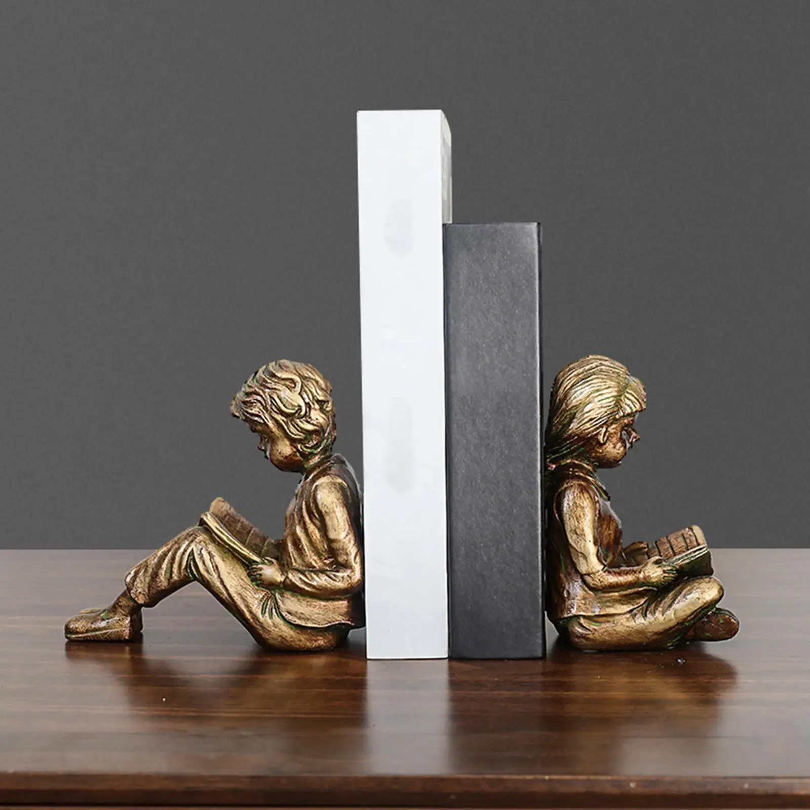 Boy Girl Reading Bookends Books Stoppers, Support Book Organizer, Decorative Bookends Tabletop Decor for Living Room Desk