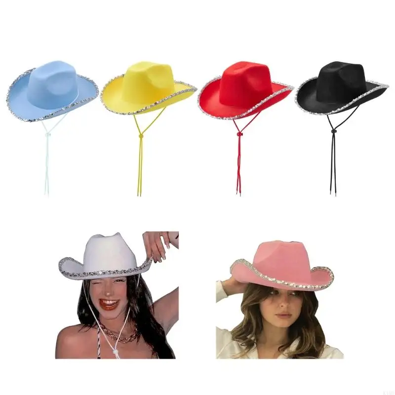 

K1ME Bachelorette Party Cowgirl Bride Cowboy Hat Women Bridal Party Sequins Brim Hat Girls Carnivals Cosplay Party Props