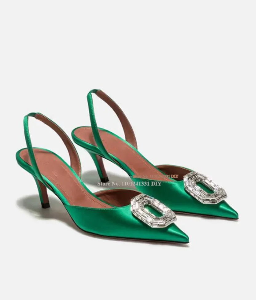 

Green Satin Cat Heel Big Gemstone Thin High Heel Pointy Pumps Women Pointed Toe Stiletto Heeled Ladies Fashion Wedding Shoes