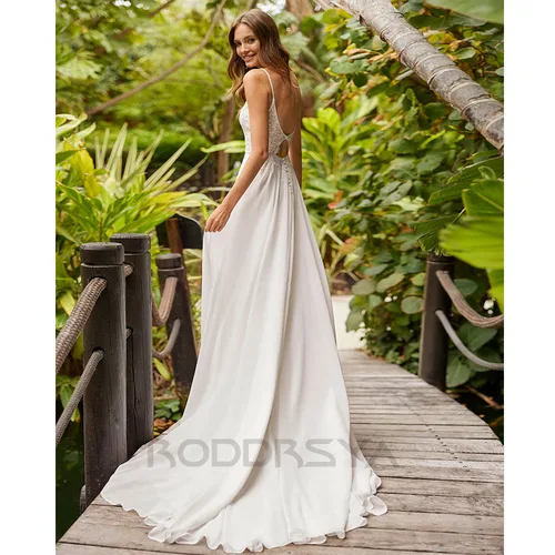 Imagen 2 del producto RODDRSYA-vestidos de novia bohemios con escote en V con espalda descubierta vestido de novia personalizado 2025 Vestido de novia bohemio playa Bohemia civil calcomanía de cuello V vestido de novia dividido personalizad