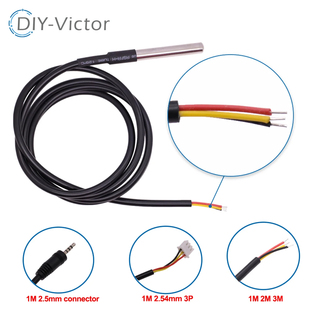 Paquete de acero inoxidable DS18B20, 1 metro/3 metros/2 metros, Sensor de temperatura de sonda de Cable impermeable 18b20