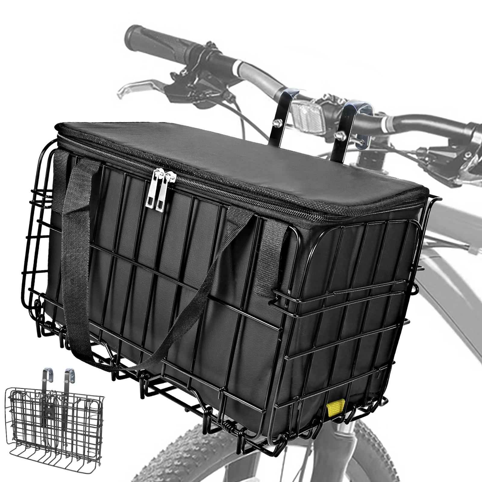 Bike Basket, Folding Front Bicycle Basket, Detachable Adjustable Height Iron Handlebar Basket with Removable Liner Bag