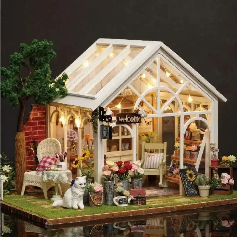 

DIY Wooden Sunshine Greenhouse Cottage Figurines Miniatures Kits Assembled Houses Casa Friends Birthday Gifts Home Decor Crafts
