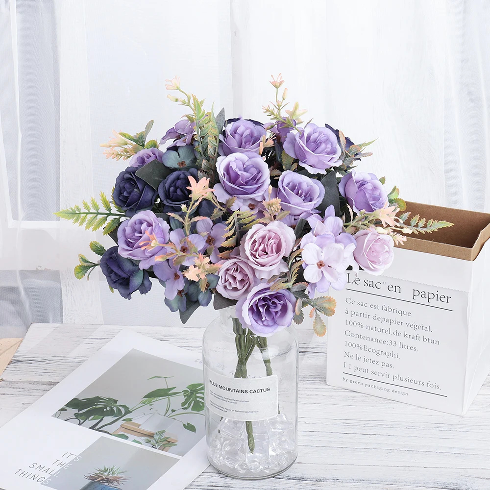 Hermosas rosas, flores artificiales, hortensia de seda, ramo de boda para novia, fiesta en casa, flores moradas, decoración, regalos de mesa
