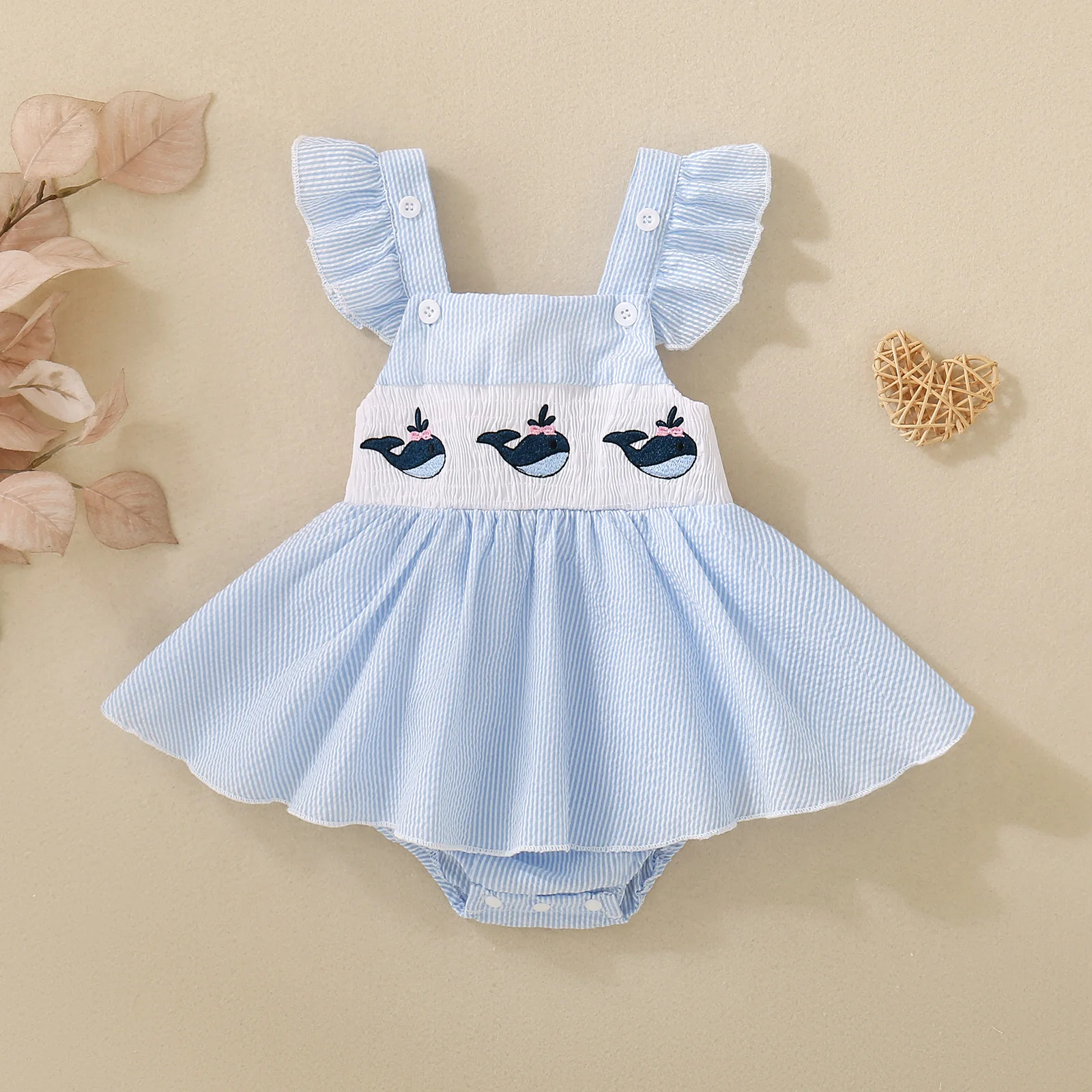 

Summer female infant blue whale embroidery small flying sleeve triangular Romper casual cute