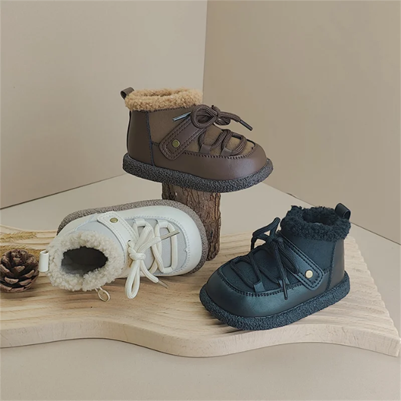 2024 novo inverno botas de bebê de couro quente de pelúcia meninos botas sola macia moda da criança meninas crianças botas de neve ue 16-25