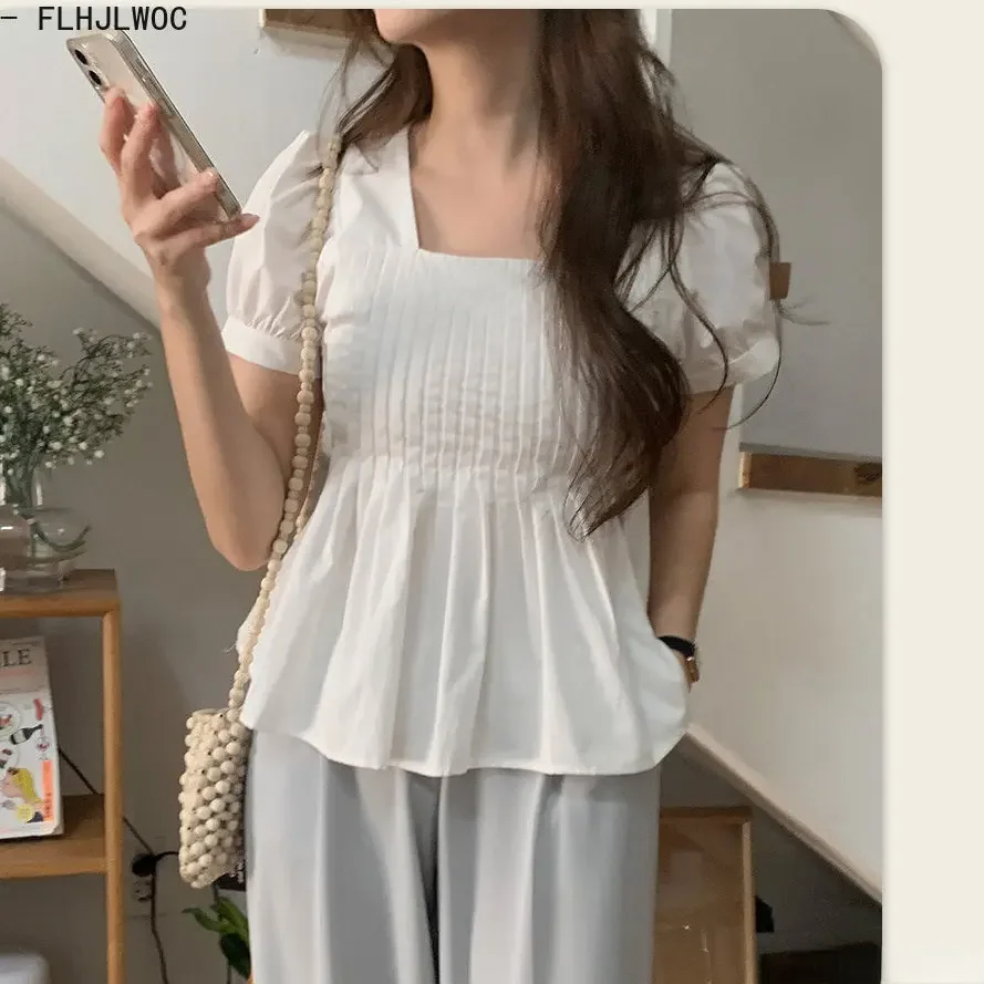 Ruffles Short Peplum Tops Blusas Woman Blouses Cute Sweet Japan Style Girls Square Neck Retro Vintage Casual Belly White Shirts