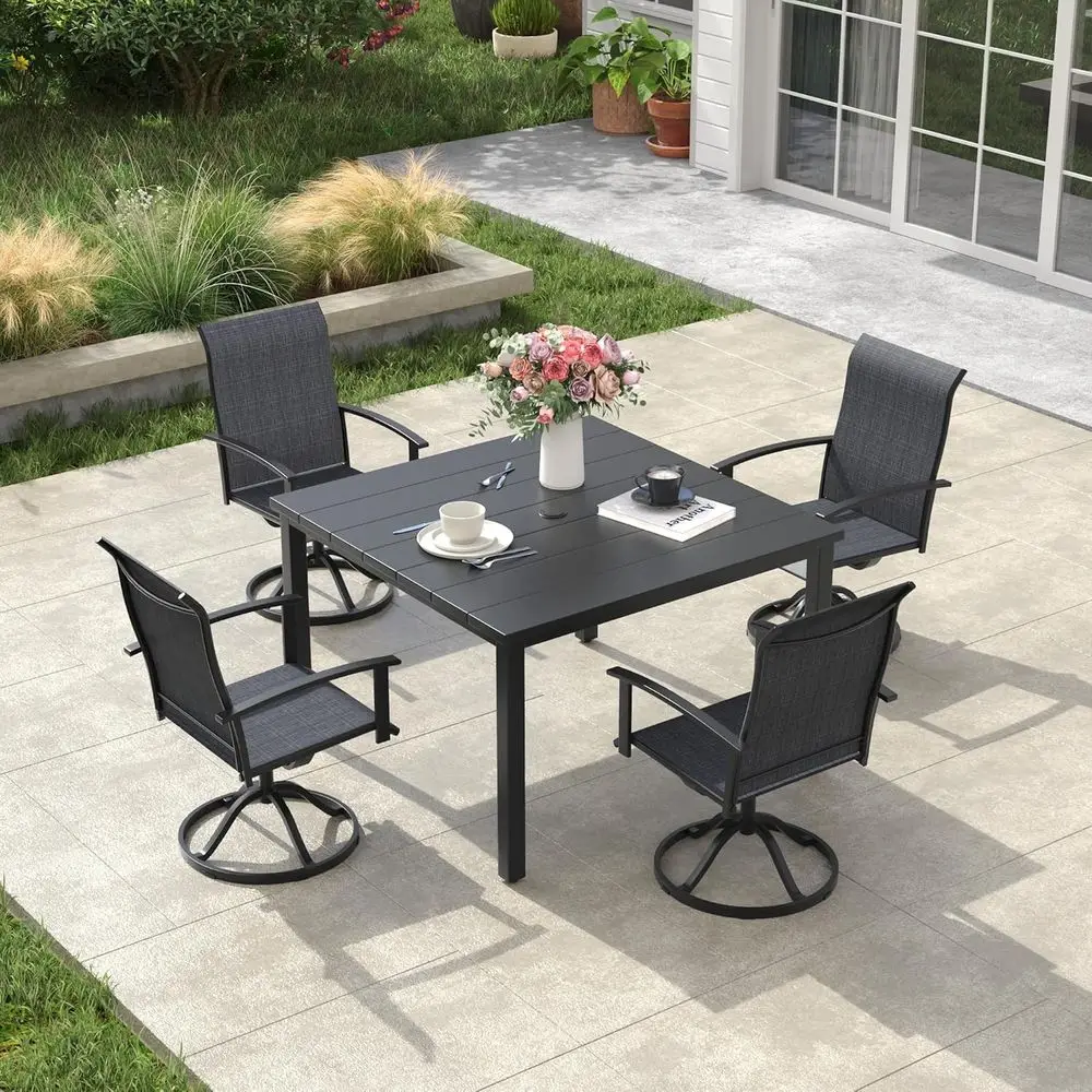 

5-Piece Metal Outdoor Dining Set with Umbrella Hole, 4 Swivel Chairs, Charcoal & Black