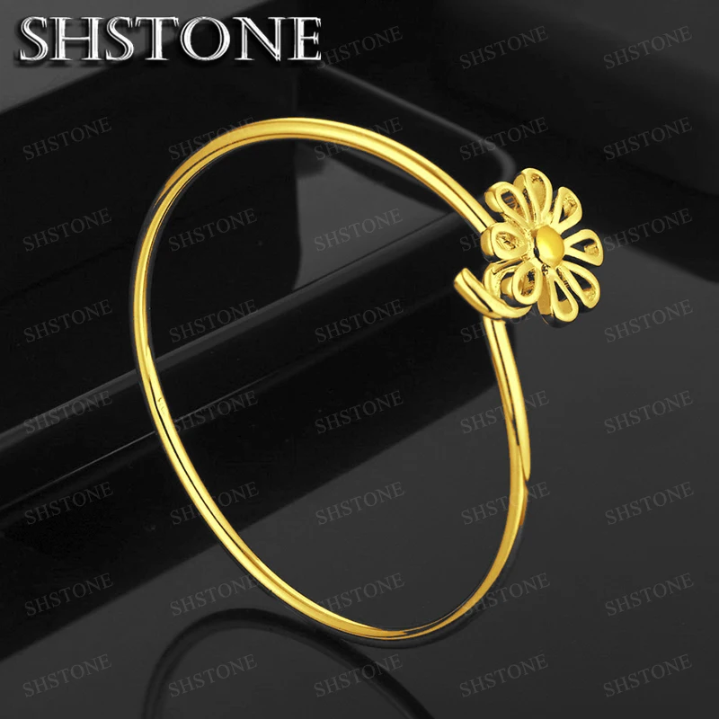 Kpop 18K Gold Adjustable Flower Bangles For Cute Woman Lady Girl Romantic Birthday Gift Engagement Wedding Jewelry