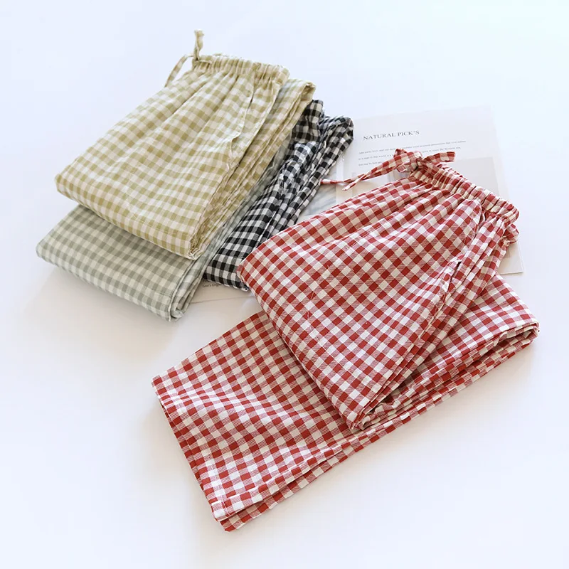 2024 New Japanese Spring/Summer Couple Sleepwear 100% Pure Cotton Gauze Men\'s and Women\'s Long Pants Thin Plaid Loose Home Pants