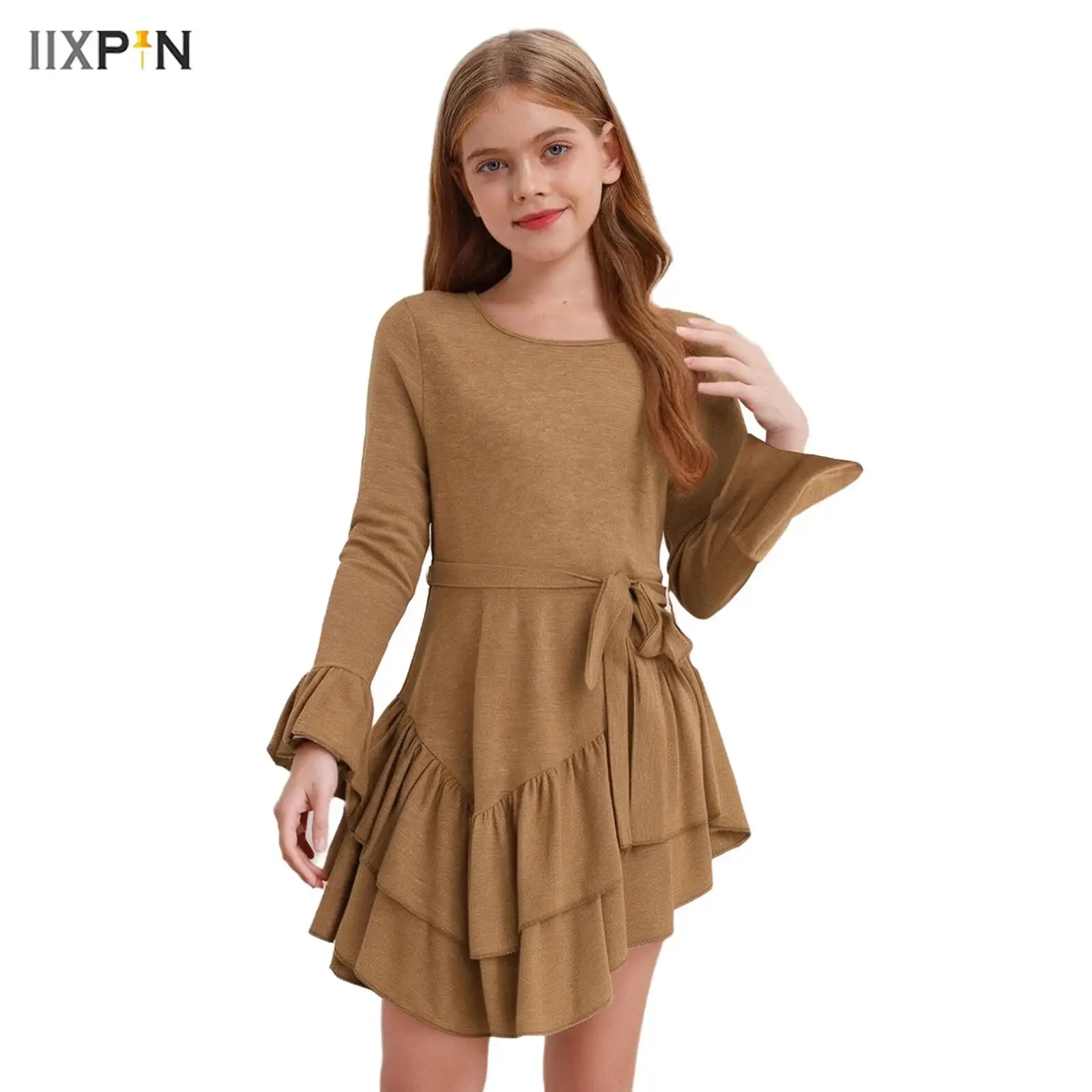 

Girls Cowgirl Role Play Costume for Halloween Carnival Cosplay Round Neck Long Sleeve Ruffle Irregular Hem Midi Dress with Belt