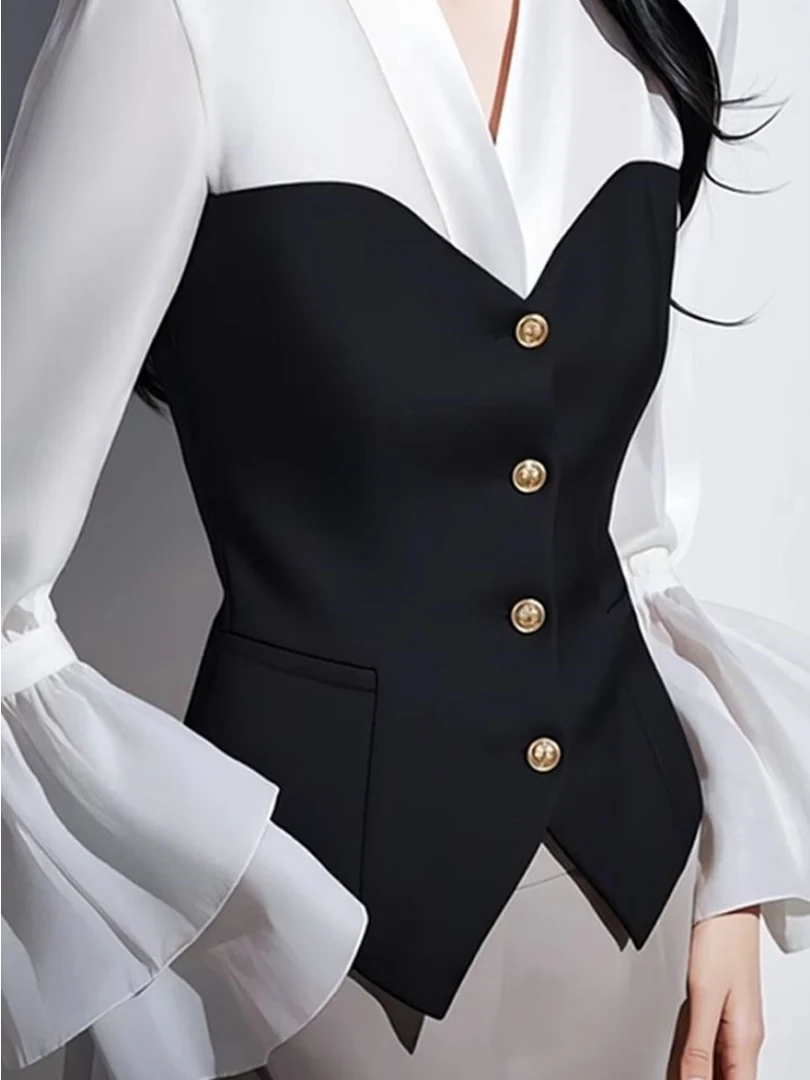 

Slim Fit V-Ne irt Women's Faion Design Color Blo Belted Spring New Sle Versatile Long Sve Korean Version Blouse