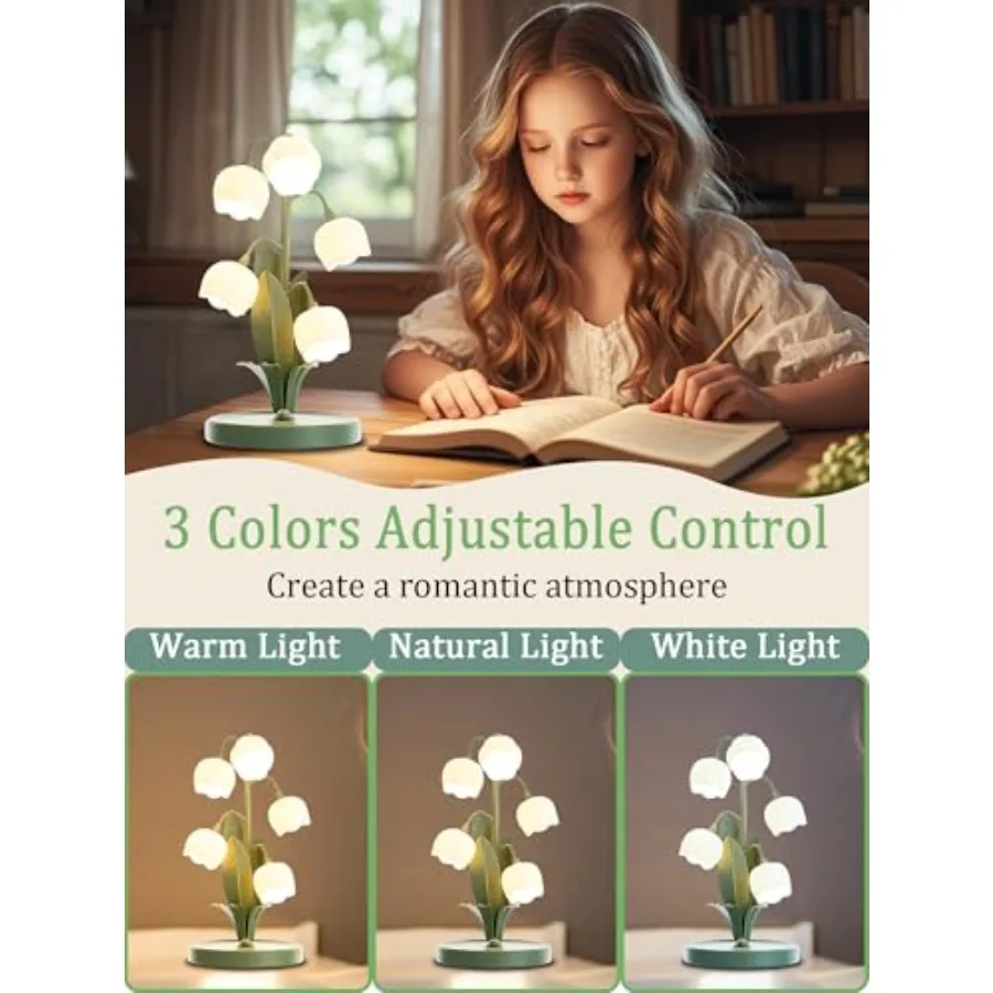 Flower Lamp for HomeBedside Vintage Table Lamps 5 Lily of The Valley Reading Lights 3 Colors Modes Kawaii Bedside Lamp Decor wi