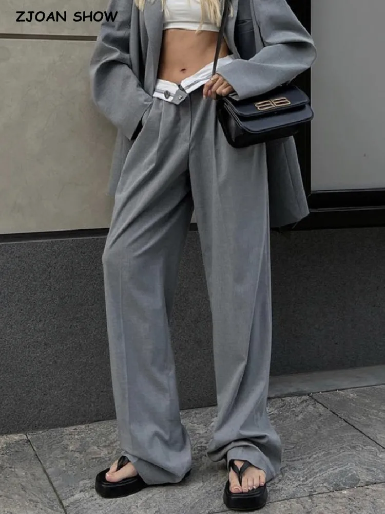 

2022 Vintage Gray 2 ways wear High Waist Wide Leg Pants Women Ruched Front Full Length Loose Trousers Cool Leisure Bottom