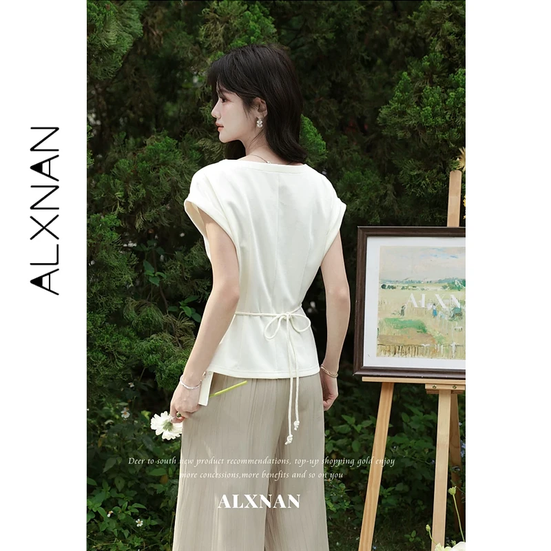 ALXNAN Women's T-shirt Oversized Round Neck Flutter Sleeve Cuff Short Sleeve T-shirt with Beaded Belt Irregular Hem Tops L65016