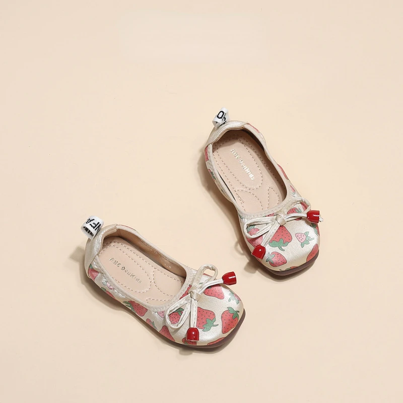 

Sweet Girls Casual Single Shoes with Bow Kids Spring Non-slip Child Fashion Cute Strawberry Printing Loafers Princess Mary Janes