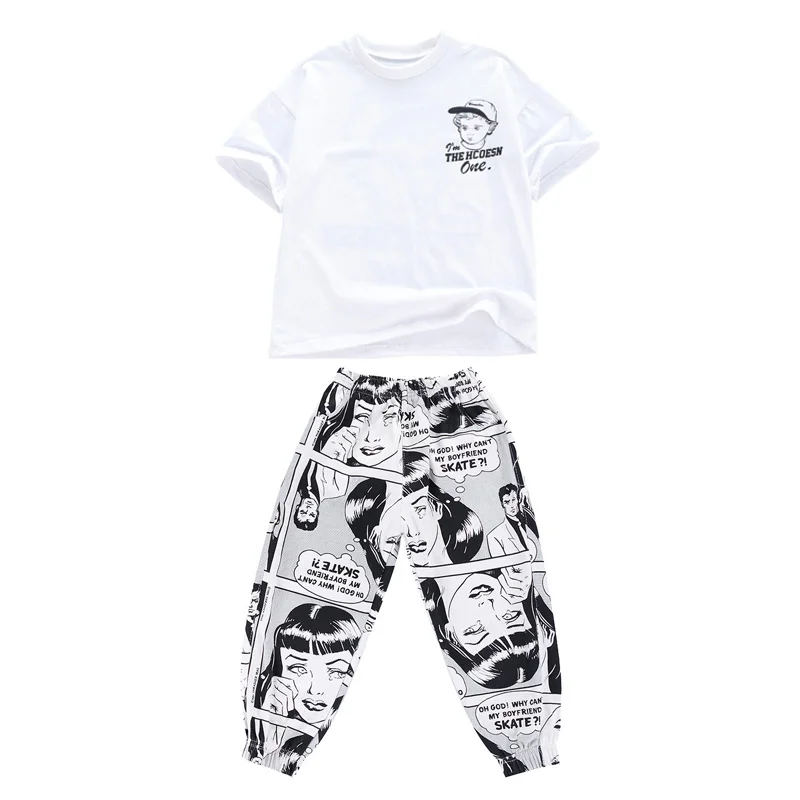 Ropa de Hip Hop para niños y niñas, camiseta negra de gran tamaño, Top estampado, pantalones casuales para correr, disfraz de baile, ropa de salón