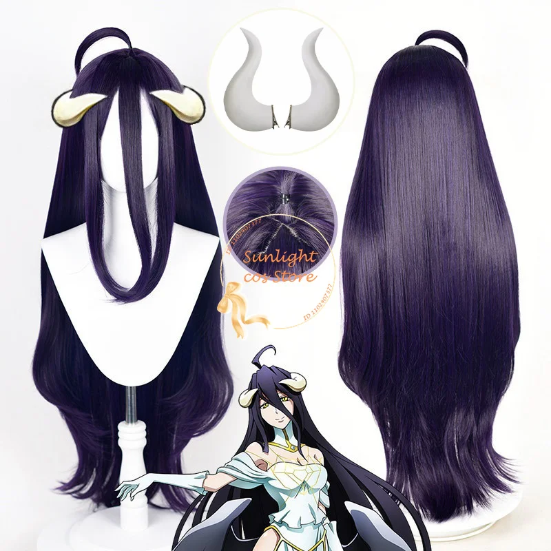 Anime Albedo Cosplay Wig 100cm Long Straight Hair Dark Purple Black Wigs Heat Resistant Synthetic Hair Albedo Cos Horns