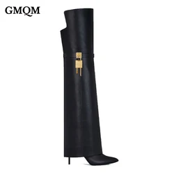 GMQM Fashion Women Over Knee Boots Pointed Toe Stiletto Long Boots Designer Ladies High Heels Black Zip Shark Lock Fold Boots