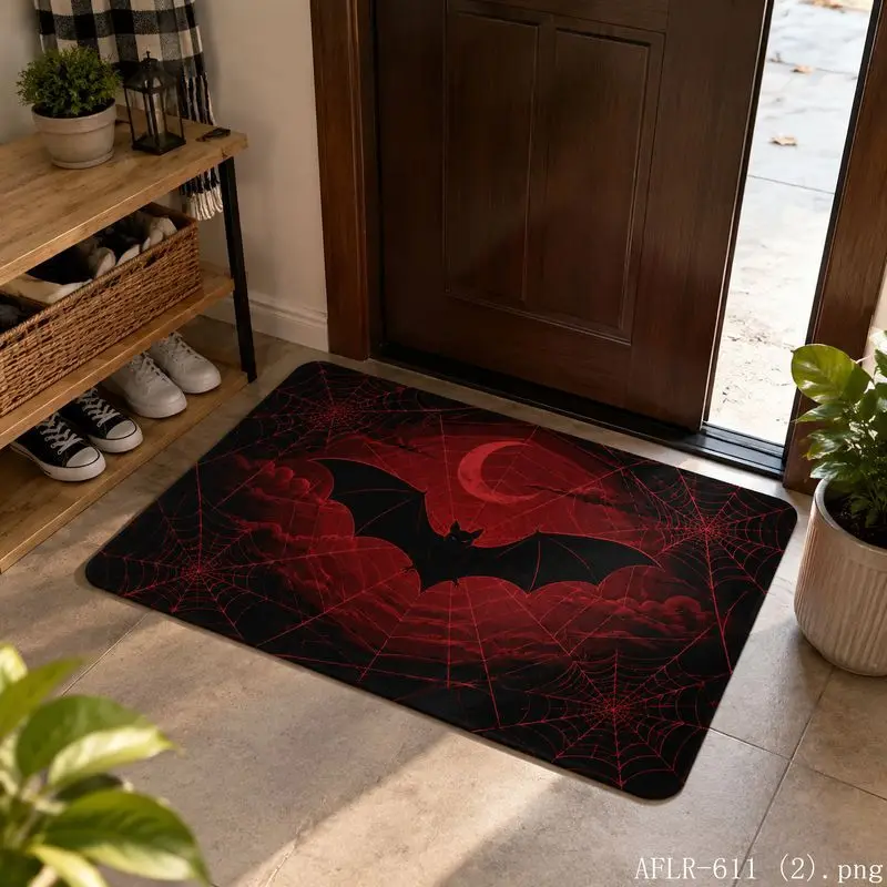 VIKAMA Halloween Moon Bat Door Mat Gothic Nocturnal Animal Welcome Rug Spooky Home Decor Entrance Floor Mat