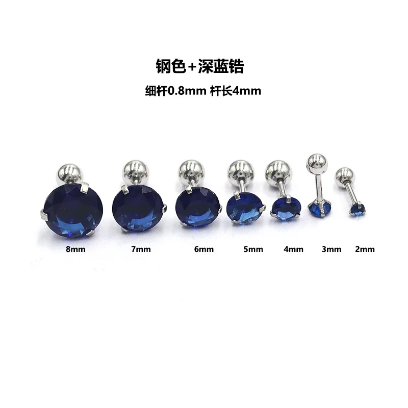 Meerblau 1 Paar 8mm Lange Stabnadel 20G Mehrere Größen Edelstahl Ohrstecker mit Schraubverschluss Klassische Runde Zirkonia-Steckerohrringe – Detail 5