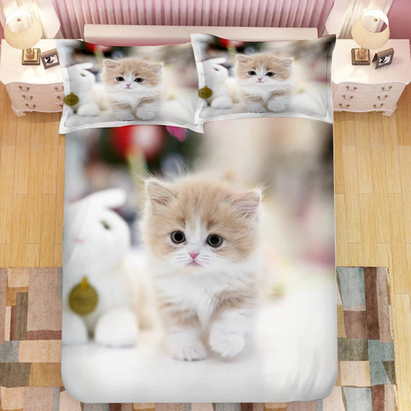 Super Cute Kitten Kids Bedding Set Kawaii Girl Quilt Cove King Queen Size Cat Animal 2/3pcs Polyester Duvet Cover (No Sheet)