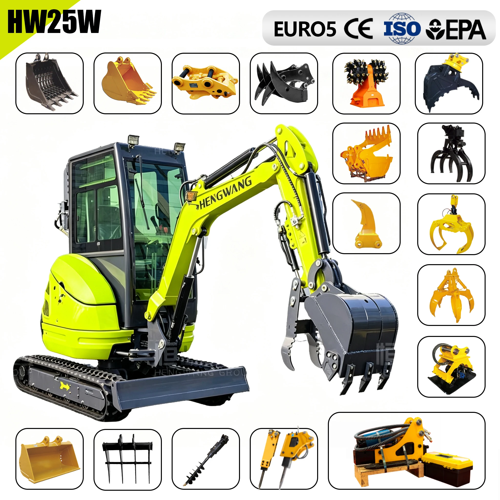 Mini-excavatrice hydraulique sur chenilles HW25W de 2,5 tonnes, excavatrice compacte diesel Euro 5, moteur Kubota en option pour la ferme et le jardin