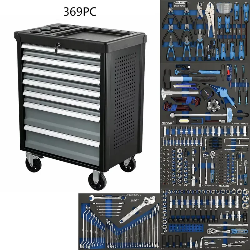 369PCS Tool Set + 7-Drawer Rolling Tool Chest, Lockable Tool Cabinet with Wheels for Mechanic Garage, 3-Year Warranty