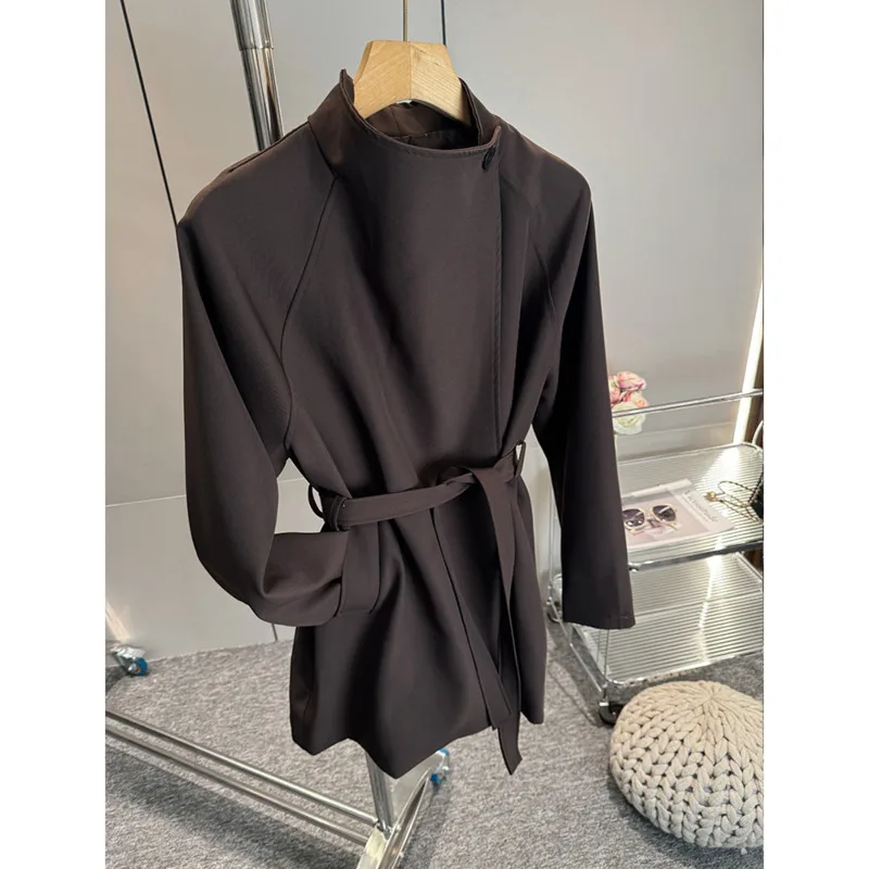 EAEOVNI Fashion Solid Color Short Trench Coat Women Solid Color Stand Collar Belt Gathered Waist Jacket Office Lady Clothing