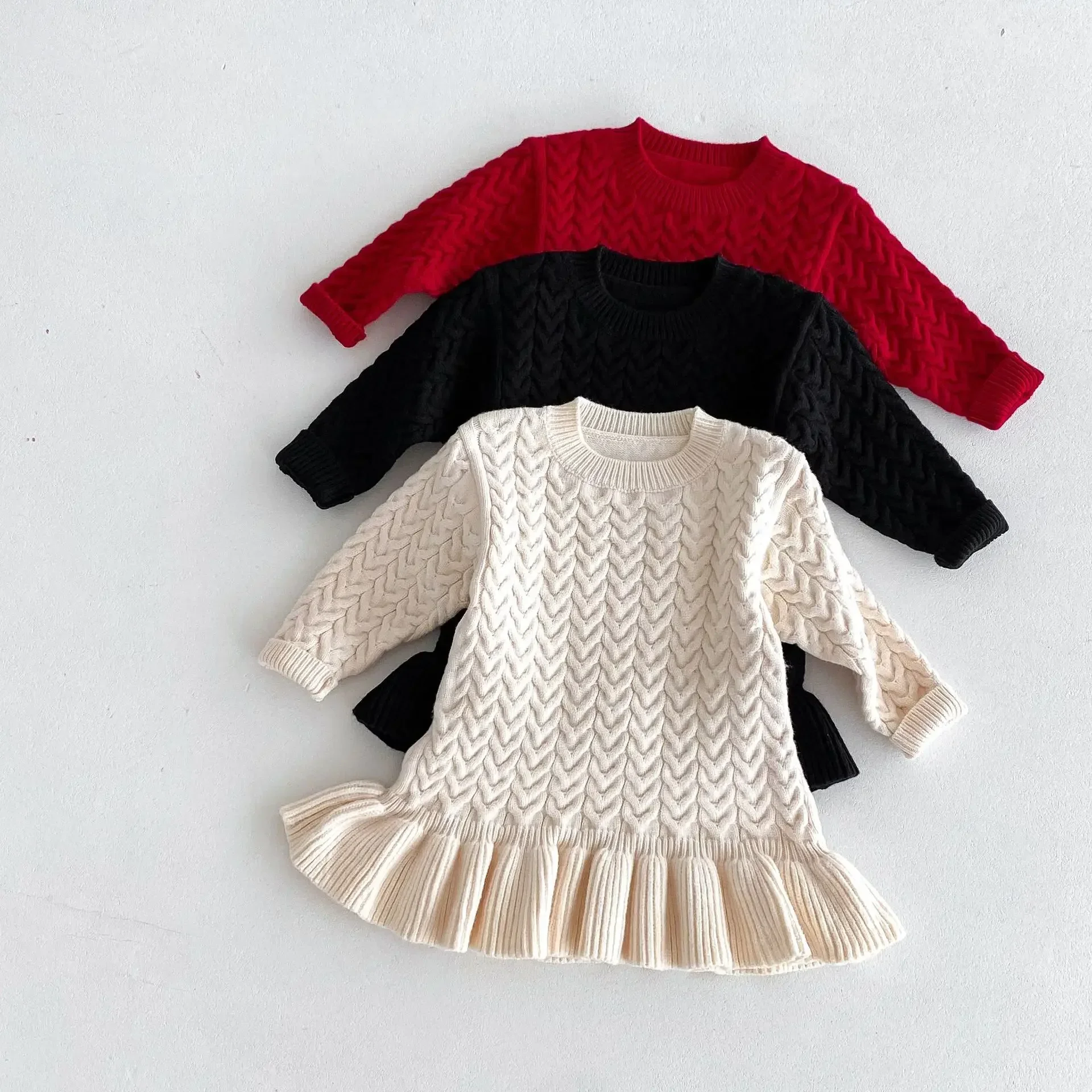 Autumn and Winter Korean New Girls Sweater Dress Children Twists Round Neck Long Sleeve Warm Knitted Ruffles Dress