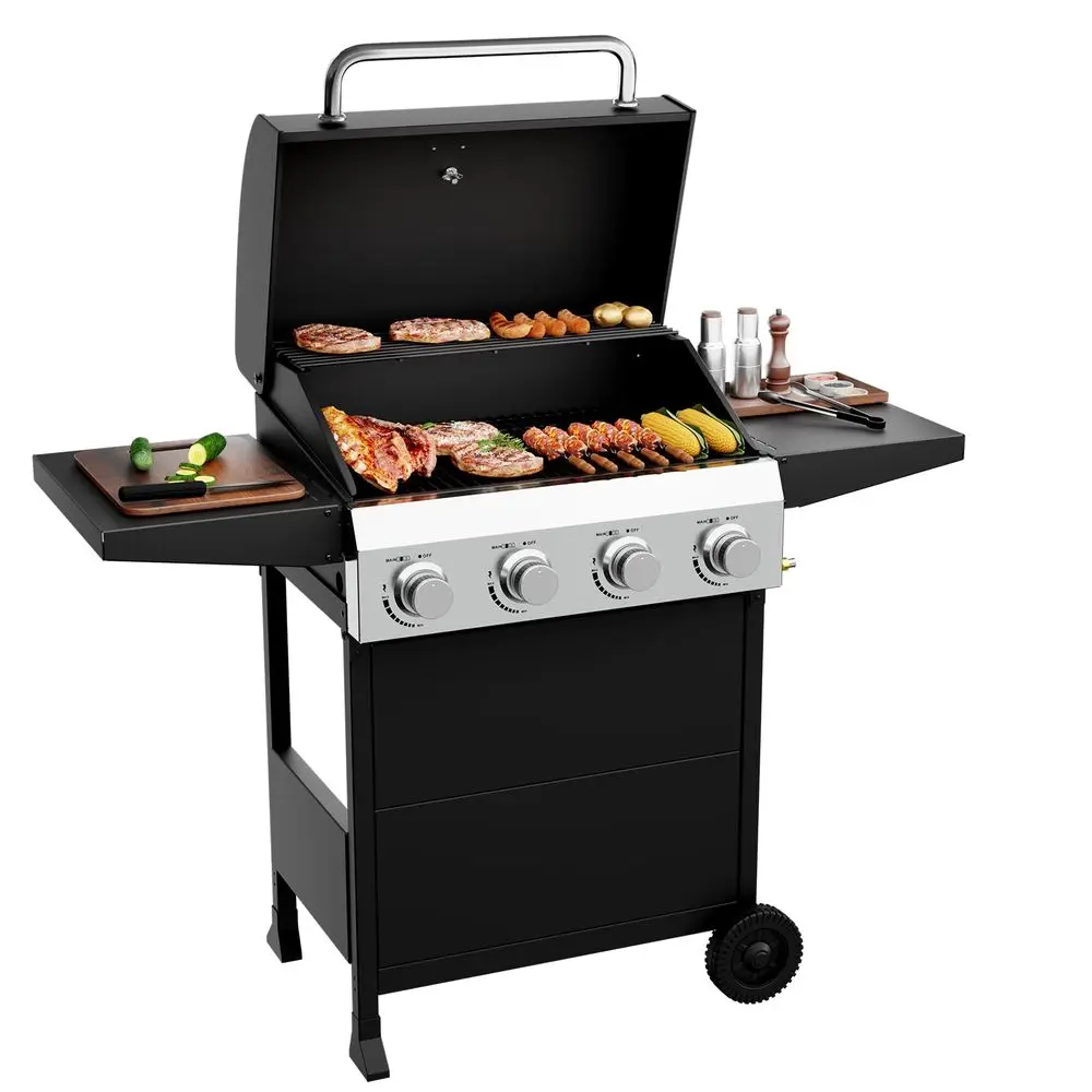

4 Burner Propane Gas Grill with Foldable Side Shelves, 40000BTU BBQ Grills with Enameled Cast Iron Grates, Cabinet amp Poratabl