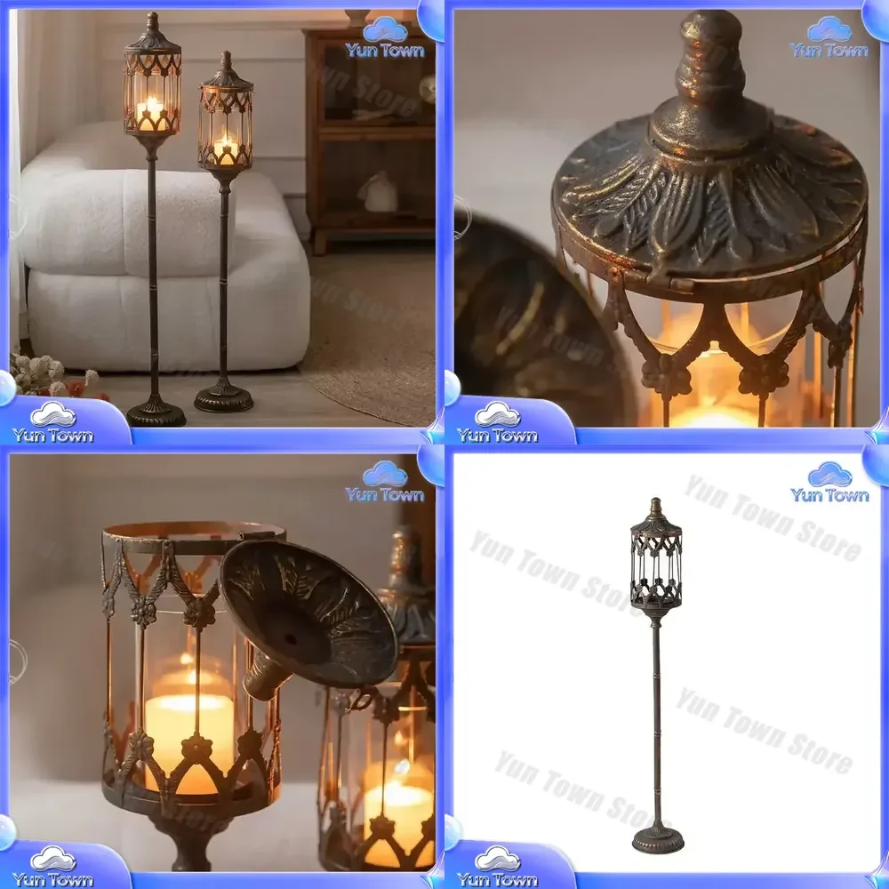 French Retro Wrought Iron Windproof Candlestick Floor to Ceiling High Candle Holder for Restaurant Home Decor Creative Art