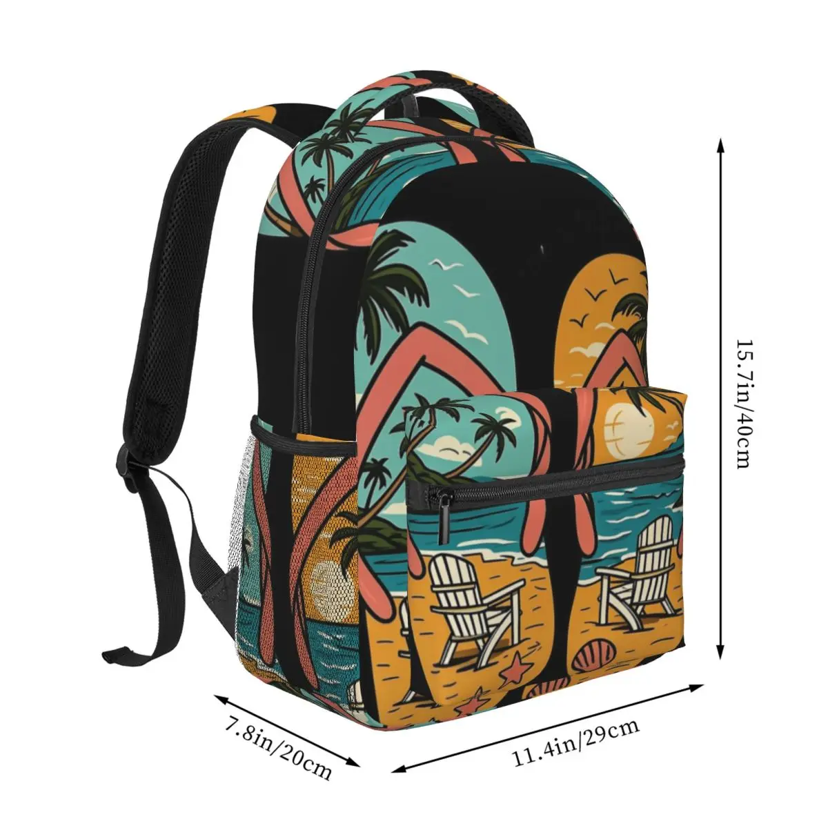 Mermaid Style Backpack Center Beach Flip Flop Palm Chair Retro Coastal Illustration Teal Orange Trendy Bookbag for Women Girls