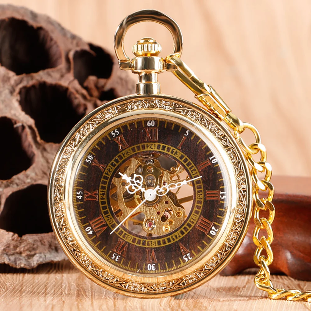 Reloj de bolsillo mecánico Retro dorado para hombre, esfera abierta con números romanos de cobre rojo, colgante antiguo, regalo con cadena