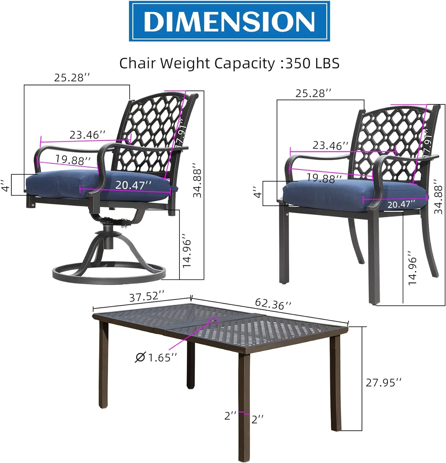 Ensembles de salle à manger modernes en métal avec coussins, table pour pelouse, jardin, terrasse d'arrière-cour, tous temps, extérieur