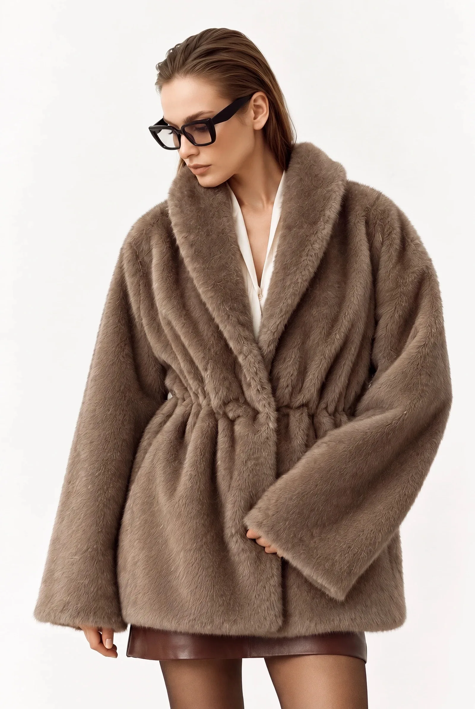 Laur 2026 Women Winter Faux Mink Fur Short Coat High Collar Drawstring Waist Warm Fluffy Elegant Outerwear