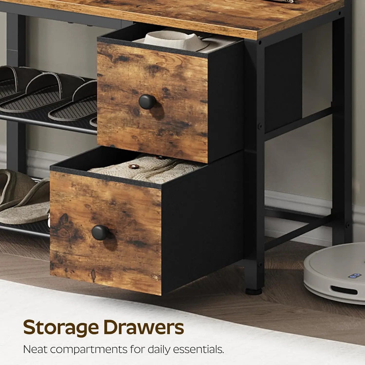 5-in-1 Hall Tree with Drawers, Industrial Entryway Bench, Adjustable Coat Rack & Shoe Storage, Rustic Brown Black MT06BR