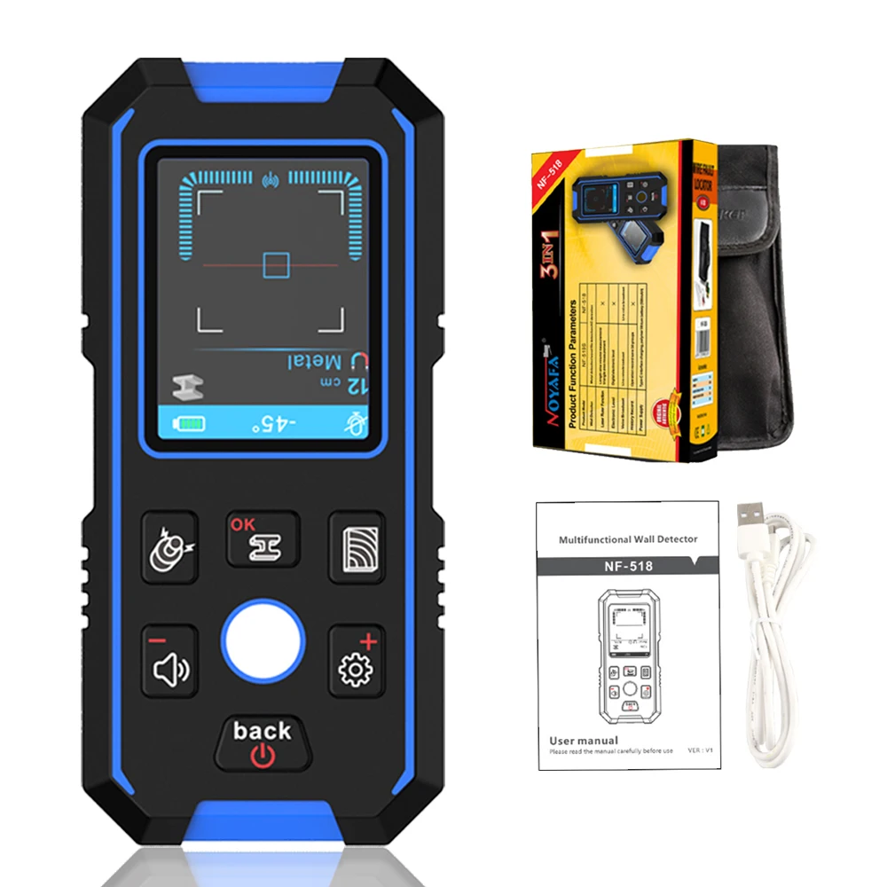 Imagem -06 - Backlit Detector de Metal Madeira Stud Finder Scanner de Parede Profundidade Rastreador Display Lcd hd Fios de Cabo Profundidade Rastreador Preto ac Noyafa-nf518