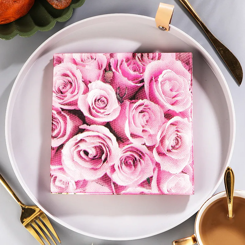 20Pcs/bag Pink Rose Flower Printed Paper Disposable Tableware Dinner Napkin Tissues Wedding Holiday Festival Party Decor