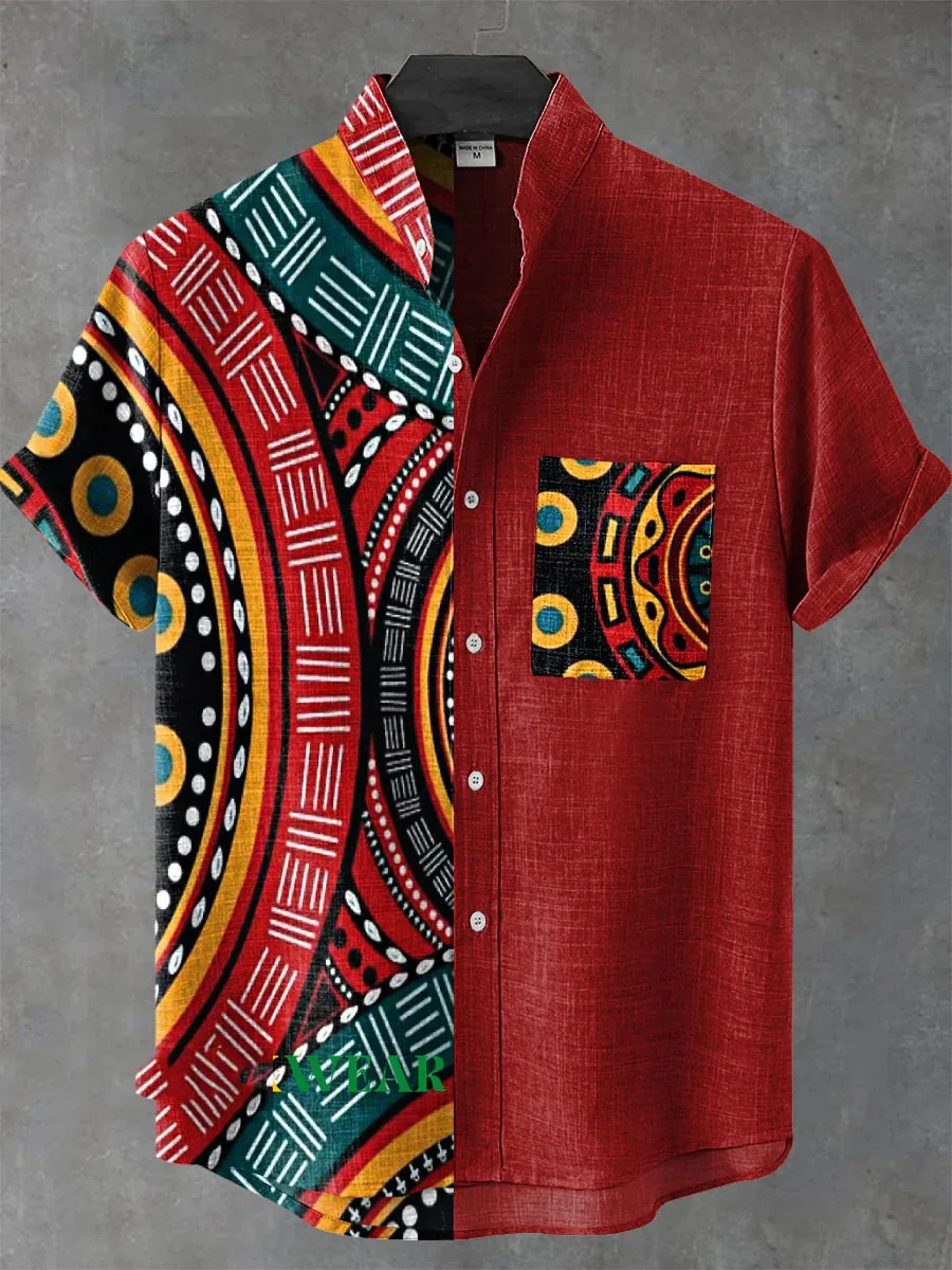 New ethnic-style shirt pattern casual design men's linen printed short-sleeved shirt button fashionable top - Image 3