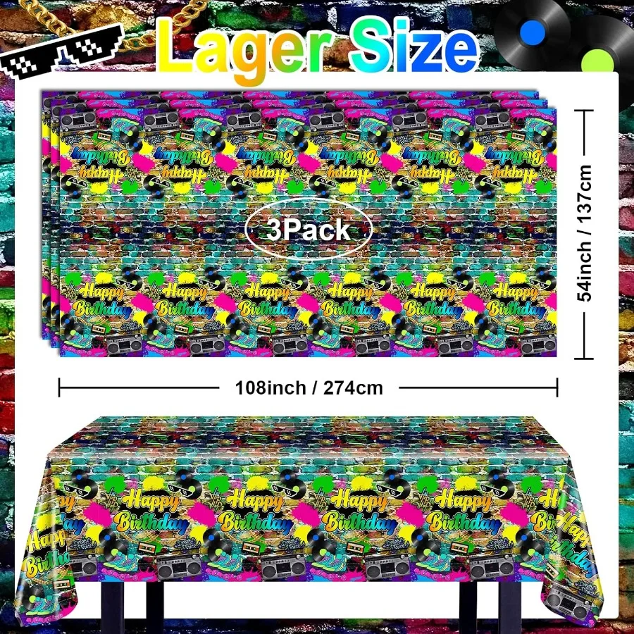 3 pcs 80s Party Tablecloth Hip Hop Birthday Party Decorations Plastic Disposable Table Cover 80 90s Theme Birthday Party Suppli