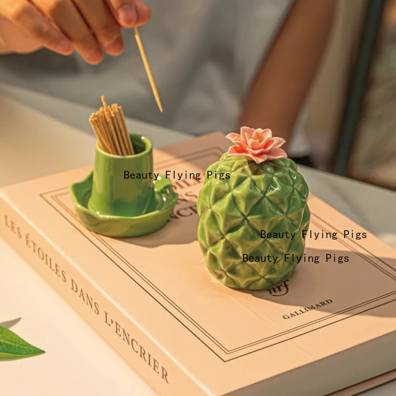 1pc Ceramic Cactus Toothpick Jar Living Room Dining Table Decoration Ornaments Moisture Proof Toothpick Jar Dental Floss Box view 5
