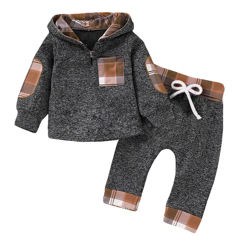 Spring Autumn Newborn Baby Boys Clothes Casual Hoodie Plaid Splicing Long Sleeve Top +Pants Sports Suit Infant Clothing 0-3 Year