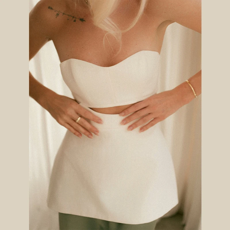 2026 Elegant White Mini Skirts Set Women Sexy Design Strapless Backless Off Shoulder Slim Vest Suit Summer Date Beach Party Wear image 5