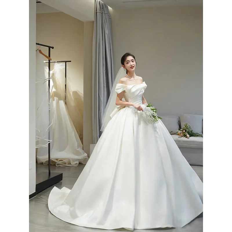 Elegant Satin Wedding Dress Ivory Bridal Gowns Strapless Lace-up Back Sweep Train Wedding Gowns with Petticoat L&P DQL Studio