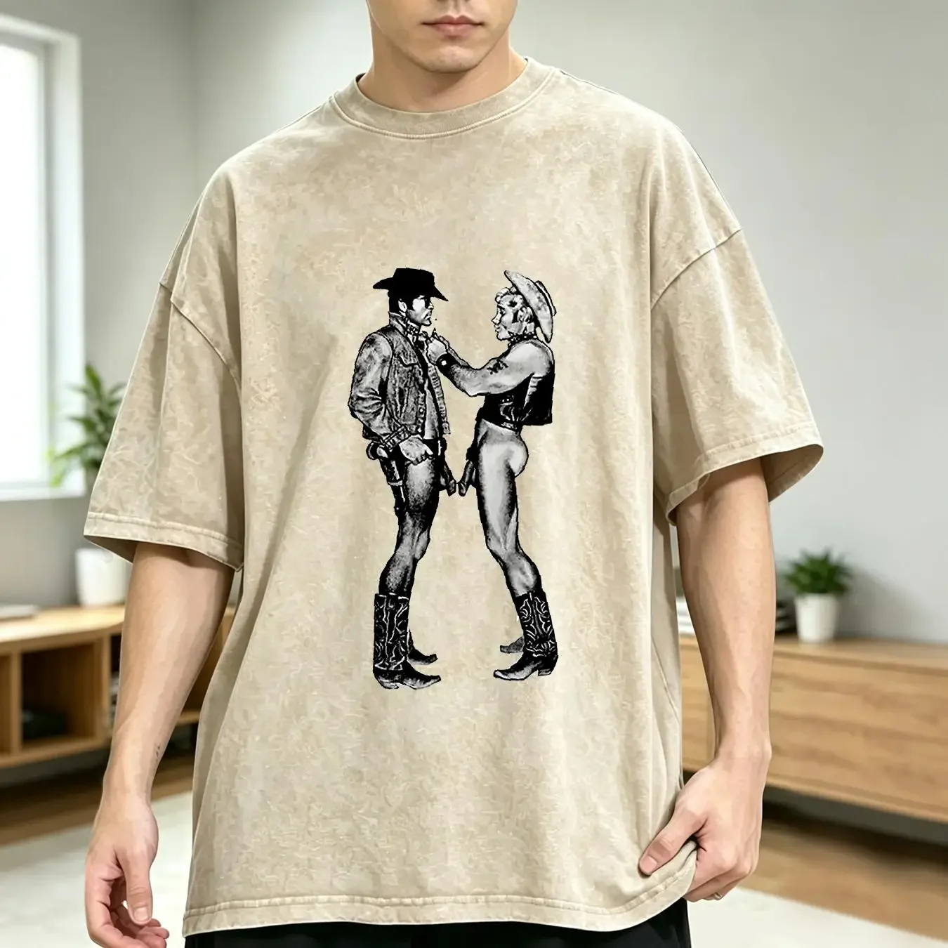 washed T Shirt GAY COWBOY TOM OF FINLAND MALE BOYFRIEND LEATHER VEST HAT JACKET 3248 long or short sleeves vintage Washed