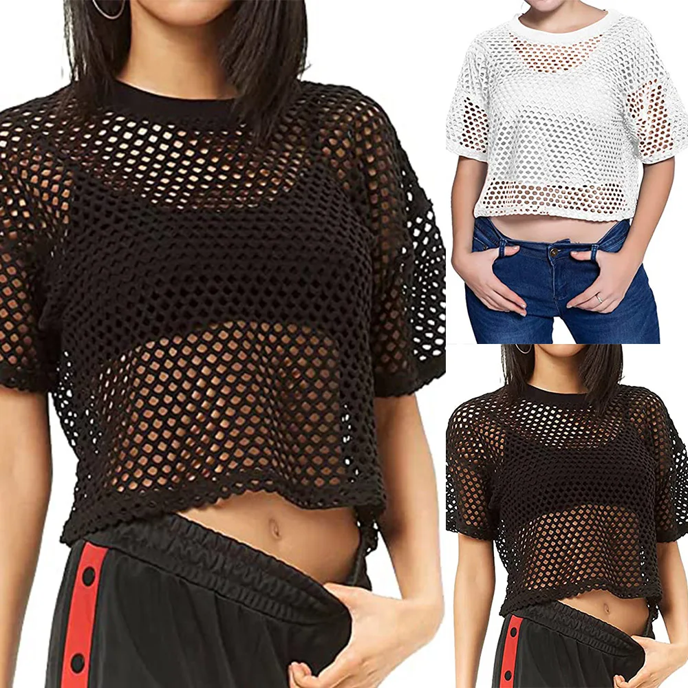 Top Women T-shirt Fashion Sexy Fishnet Solid Black White Crop Top Casual Summer See Through Woman Clothing Oversized Tees