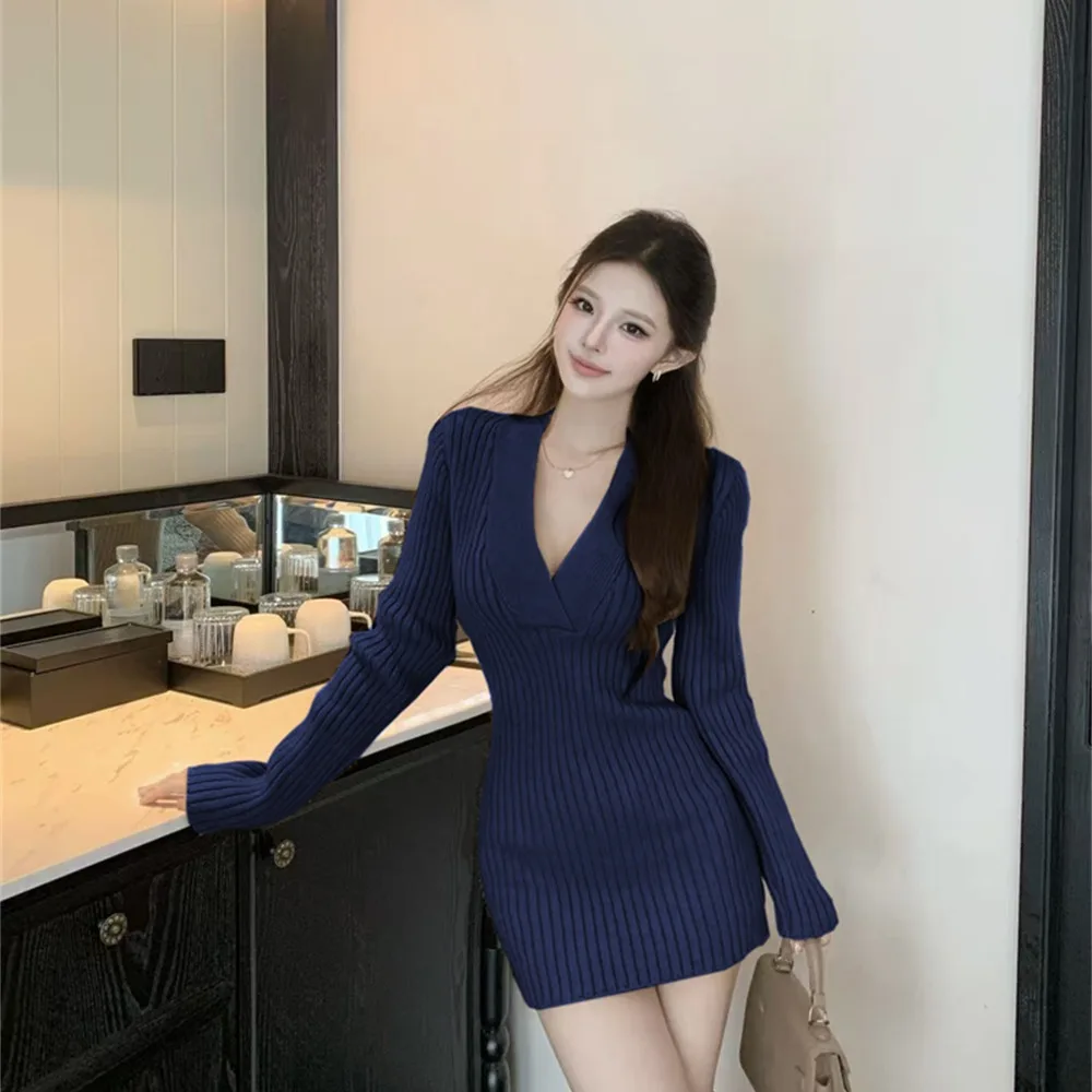 

Korean Sle Pure Desire V-ne Ribbed Slim ort Skirt Sexy Butt Covering Long Sve Knitted Base Dr 2025 Autumn Winter