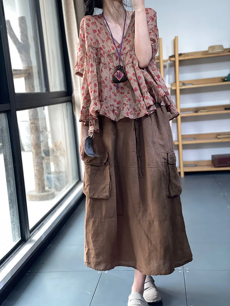 Csa de Aodão e Linho Estilo Coreano, Solta, com Manga Curta, Decote em V, Patchwork Floral, Top de Verão, Parte Superior...